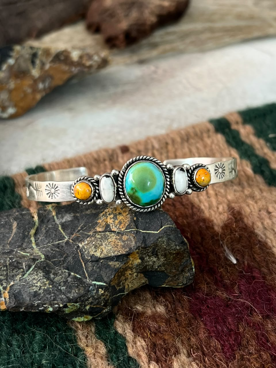 Handmade Sterling Silver Sonoran Mountain Turquoise with Bumblebee and White Buffalo Spring Collection: Cuff Bracelet Signed Nizhoni