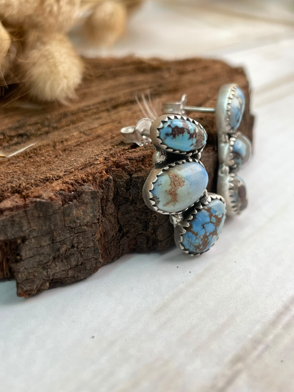 Handmade Sterling Silver Golden Hills Turquoise Post Studs Earrings Signed Nizhoni