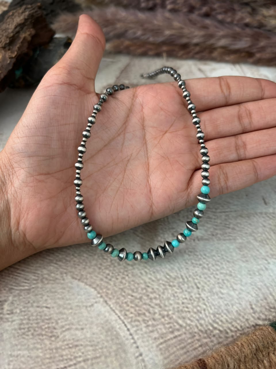 Handmade Sterling Silver Kingman Turquoise Beaded Necklace Signed Nizhoni