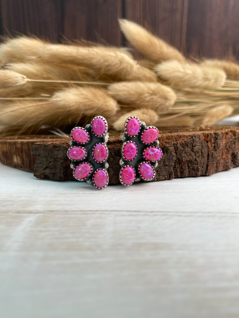 Handmade Sterling Silver Hot Pink Post Studs Earrings Signed Nizhoni