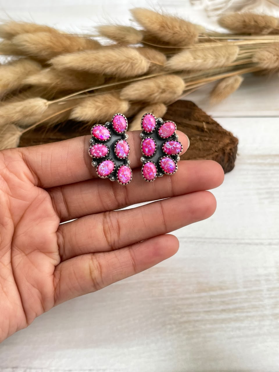 Handmade Sterling Silver Hot Pink Post Studs Earrings Signed Nizhoni