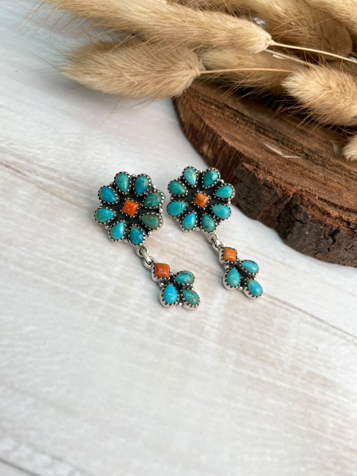 Handmade Sterling Silver Orange Mojave with Kingman Turquoise Post Dangle Earrings Signed Nizhoni