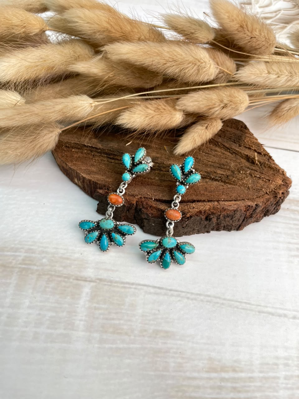 Handmade Sterling Silver Orange Mojave with Kingman Turquoise Post Dangle Earrings Signed Nizhoni