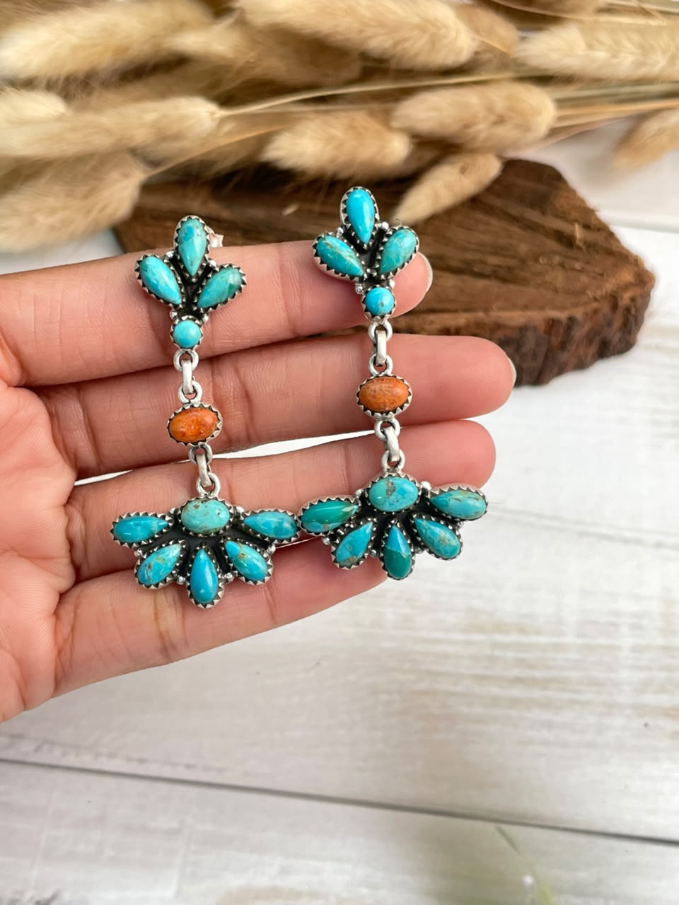 Handmade Sterling Silver Orange Mojave with Kingman Turquoise Post Dangle Earrings Signed Nizhoni
