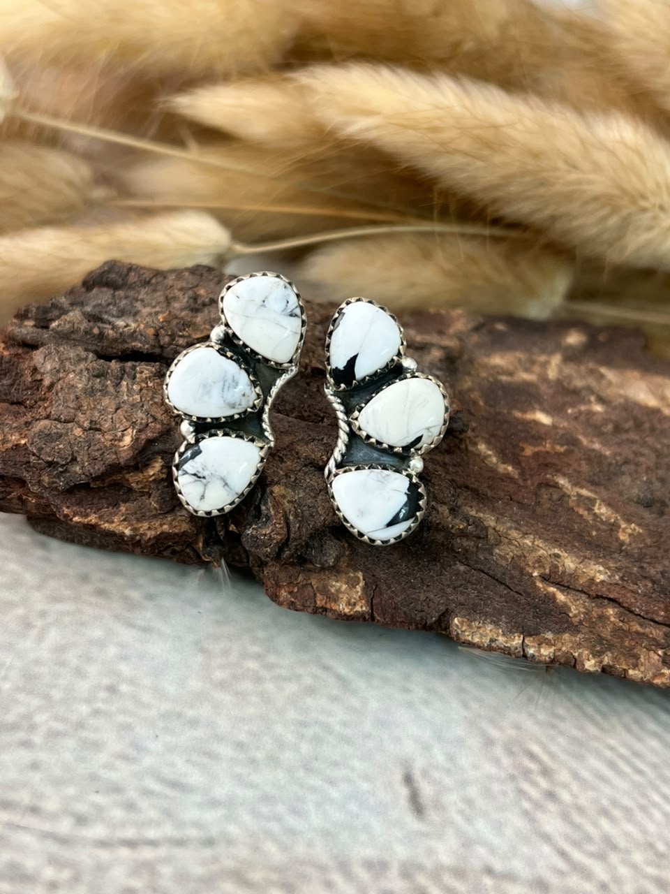 Handmade Sterling Silver White Buffalo Post Studs Earrings Signed Nizhoni