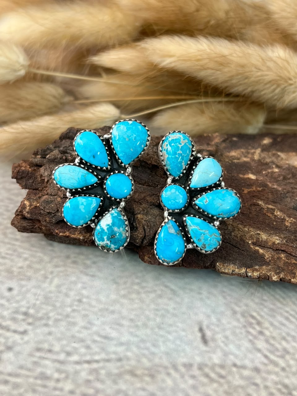 Handmade Sterling Silver Sierra Bella Turquoise Post Studs Earrings Signed Nizhoni