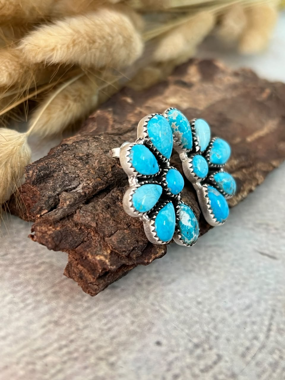 Handmade Sterling Silver Sierra Bella Turquoise Post Studs Earrings Signed Nizhoni