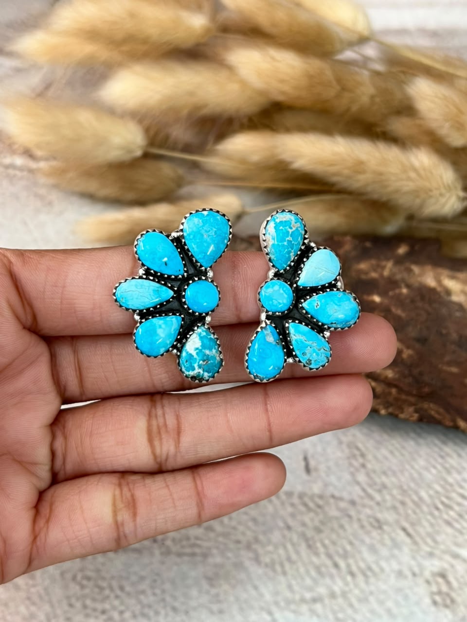 Handmade Sterling Silver Sierra Bella Turquoise Post Studs Earrings Signed Nizhoni