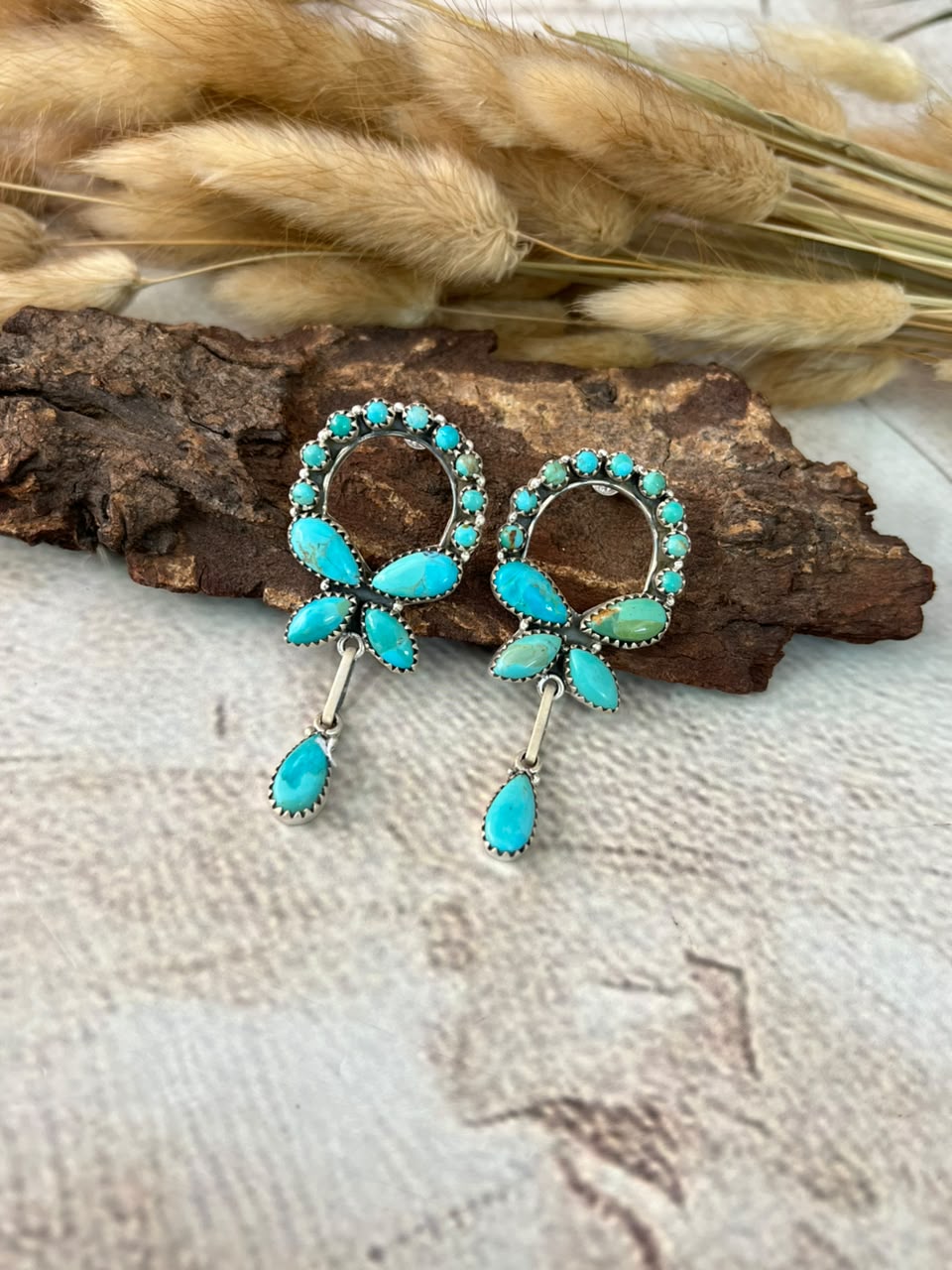 Handmade Sterling Silver Kingman Turquoise Post Dangle Earrings Signed Nizhoni