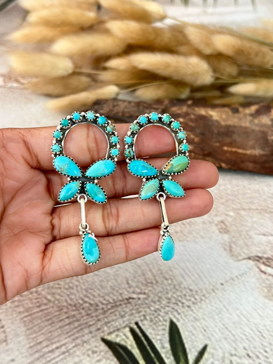Handmade Sterling Silver Kingman Turquoise Post Dangle Earrings Signed Nizhoni