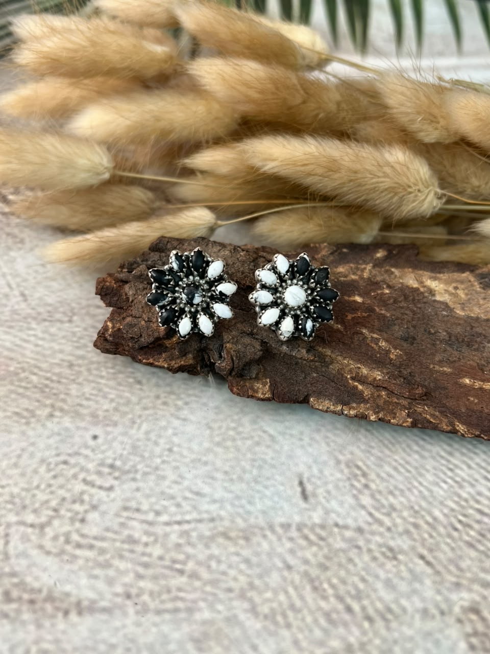 Handmade Sterling Silver White Buffalo Post Studs Earrings Signed Nizhoni