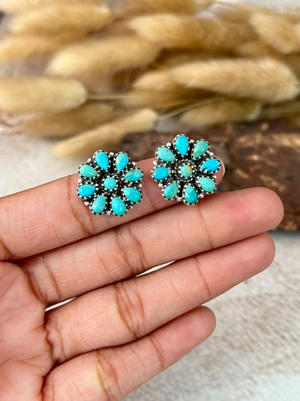 Handmade Sterling Silver Kingman Turquoise Post Studs Earrings Signed Nizhoni