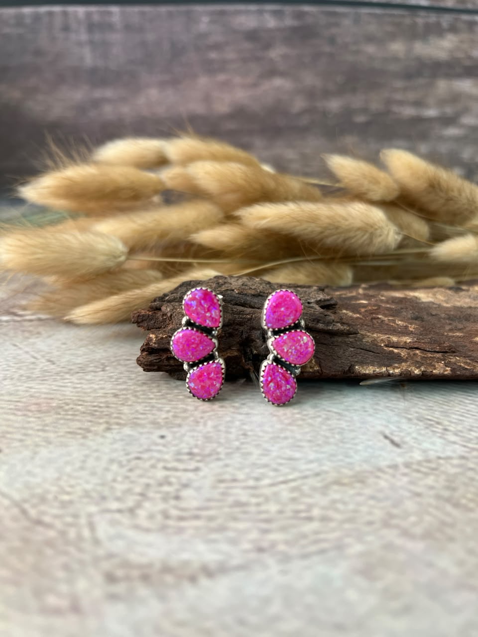 Handmade Sterling Silver Hot Pink Post Studs Earrings Signed Nizhoni