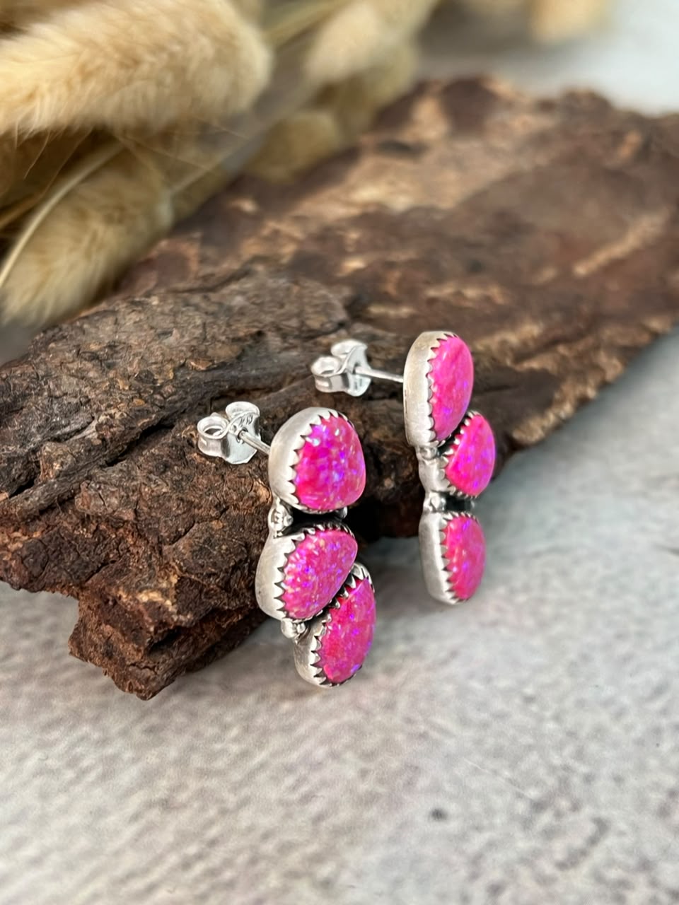 Handmade Sterling Silver Hot Pink Post Studs Earrings Signed Nizhoni
