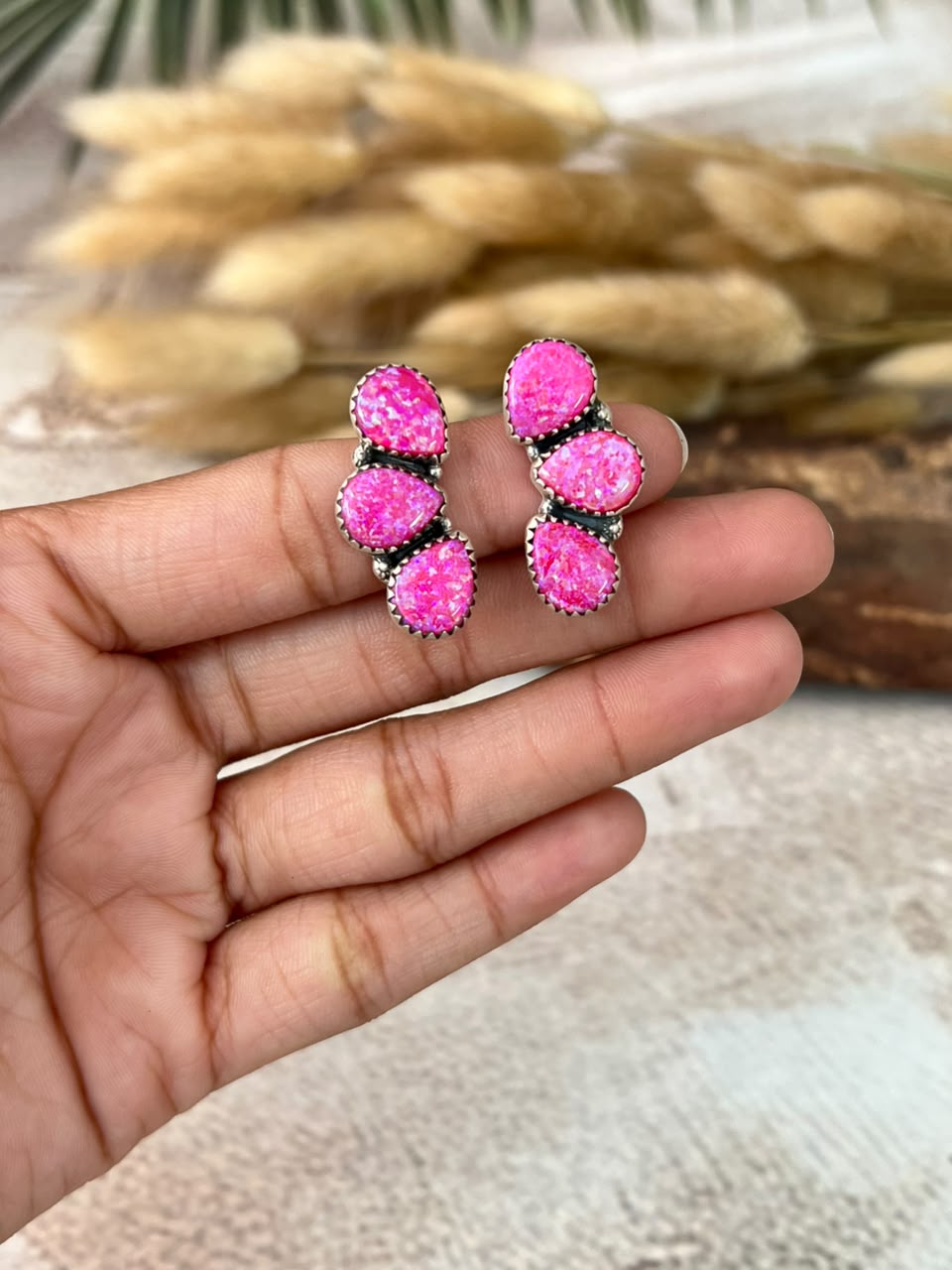 Handmade Sterling Silver Hot Pink Post Studs Earrings Signed Nizhoni