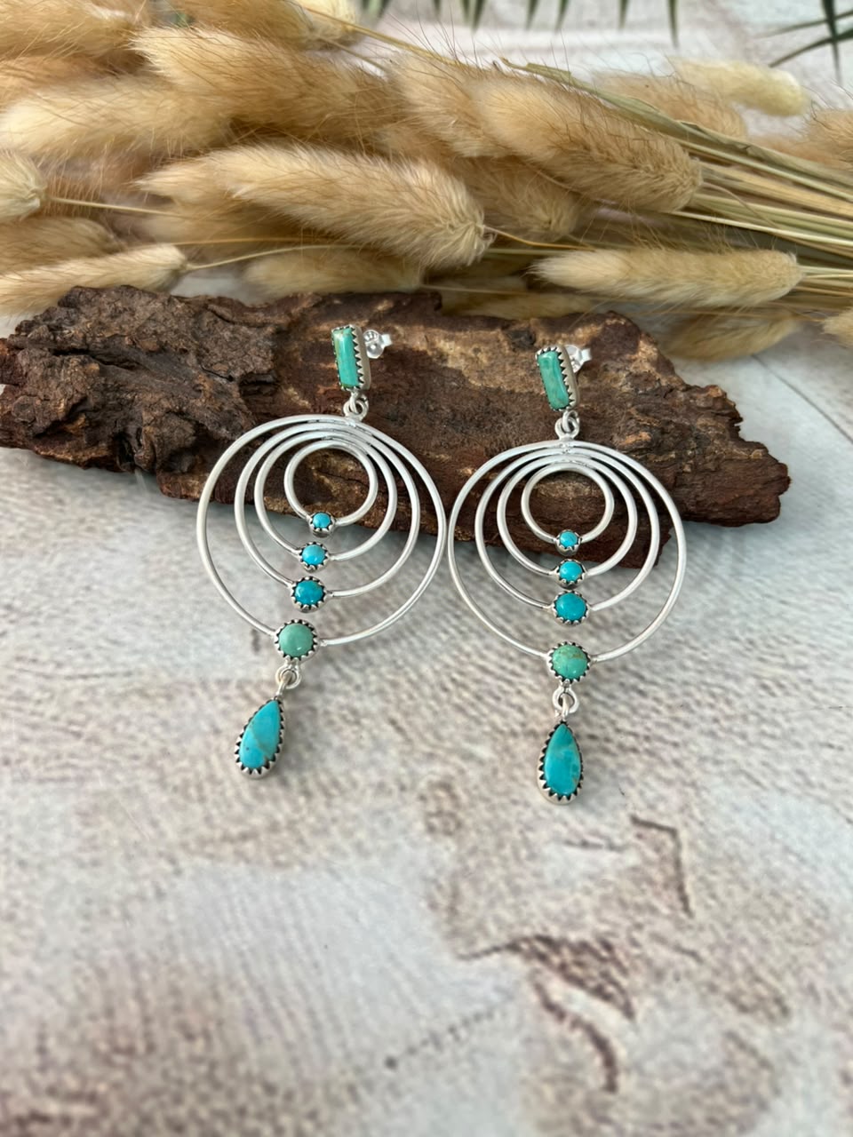 Handmade Sterling Silver Kingman Turquoise Post Dangle Earrings Signed Nizhoni