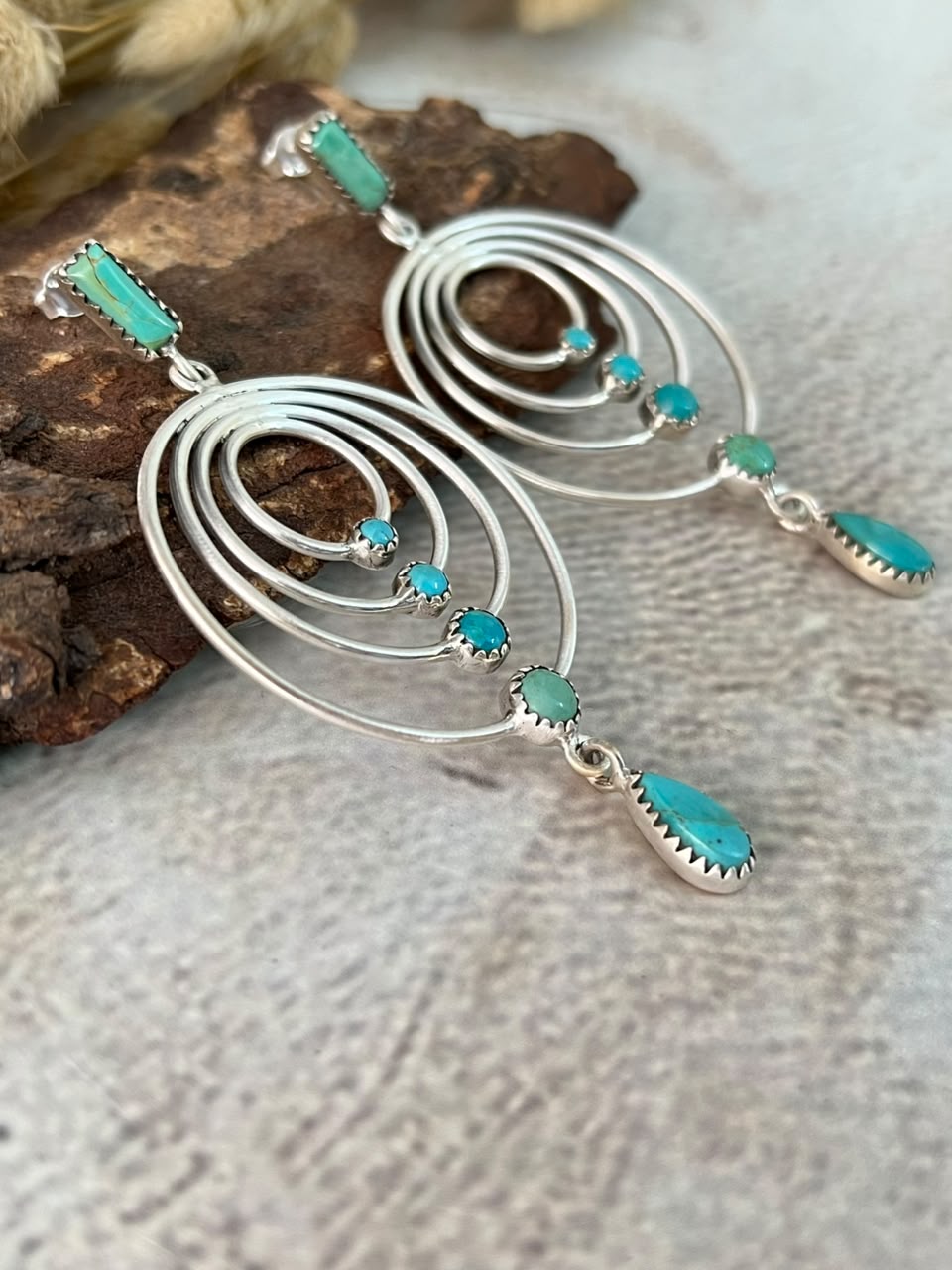 Handmade Sterling Silver Kingman Turquoise Post Dangle Earrings Signed Nizhoni