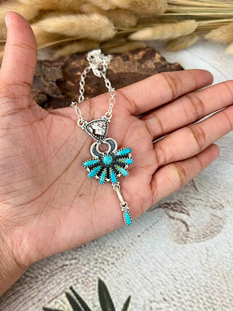 Handmade Sterling Silver Kingman Turquoise with Wildhorse Magnesite Necklace Signed Nizhoni