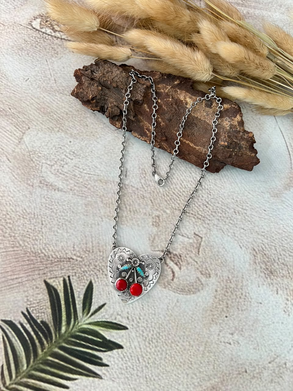 Handmade Sterling Silver Kingman Turquoise with Rosarita Cherry Heart Necklace Signed Nizhoni