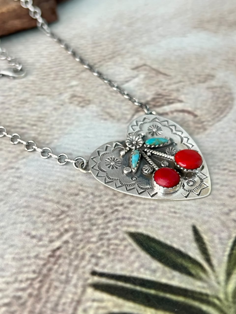 Handmade Sterling Silver Kingman Turquoise with Rosarita Cherry Heart Necklace Signed Nizhoni