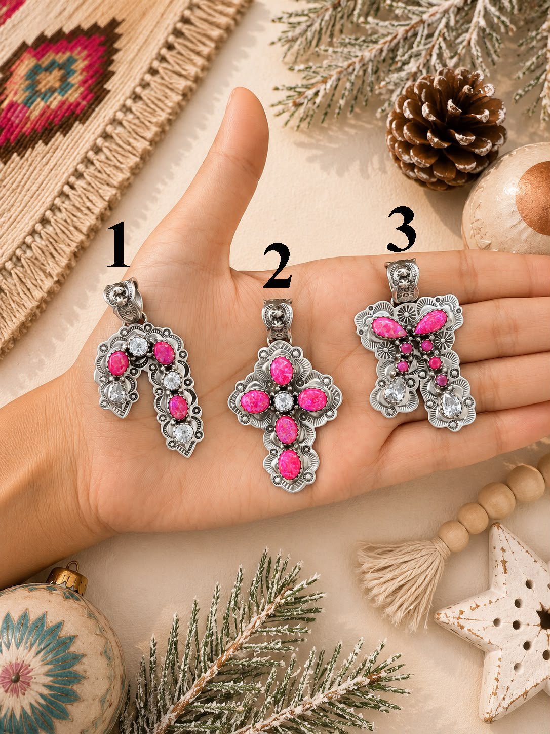 Handmade Sterling Silver Hot Pink with Cubic Zirconia Christmas Ornaments Collection: Pendant Signed Nizhoni (7)