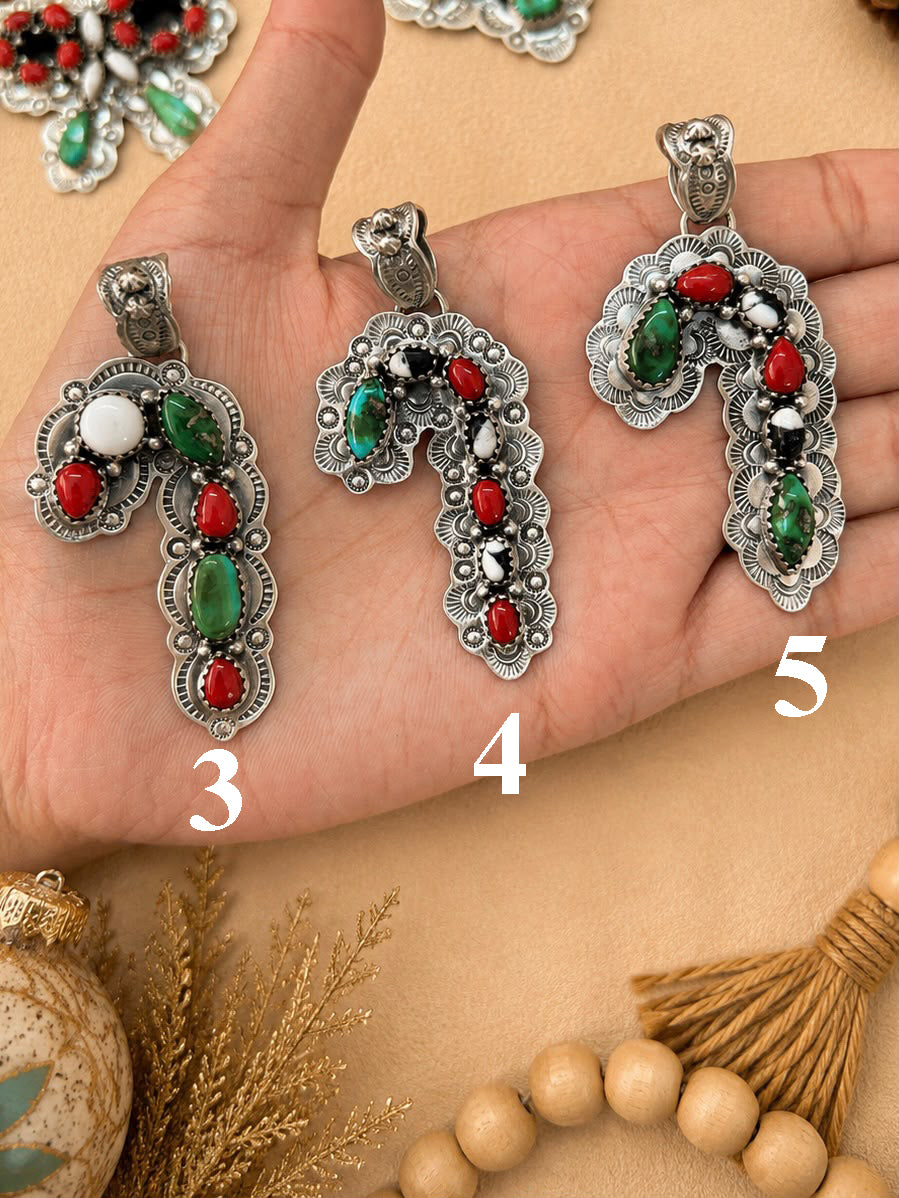 Handmade Sterling Silver Sonoran Mountain Turquoise with Coral and White Buffalo Christmas Ornaments Collection: Pendant Signed Nizhoni (9)