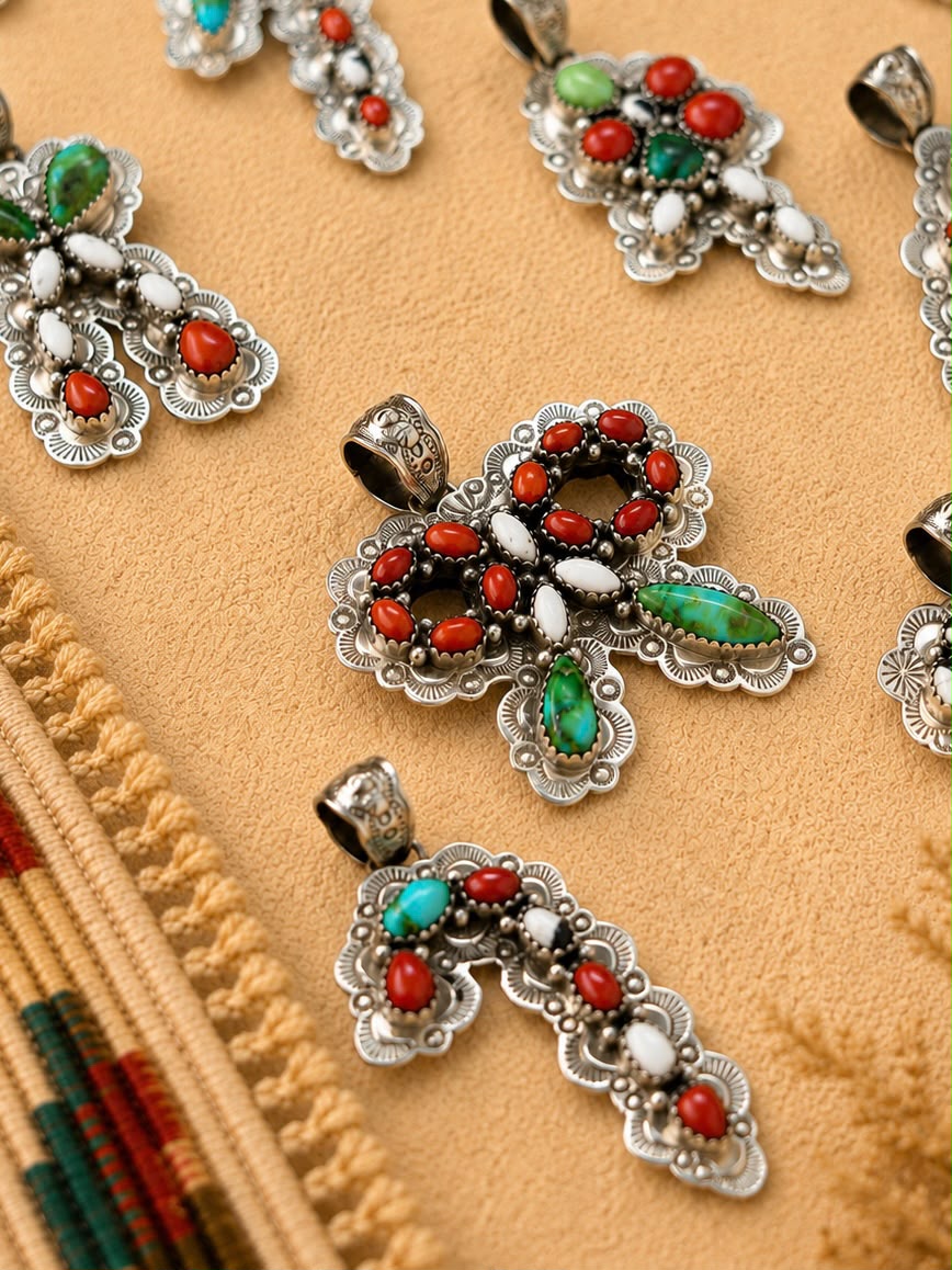 Handmade Sterling Silver Sonoran Mountain Turquoise with Coral and White Buffalo Christmas Ornaments Collection: Pendant Signed Nizhoni (9)