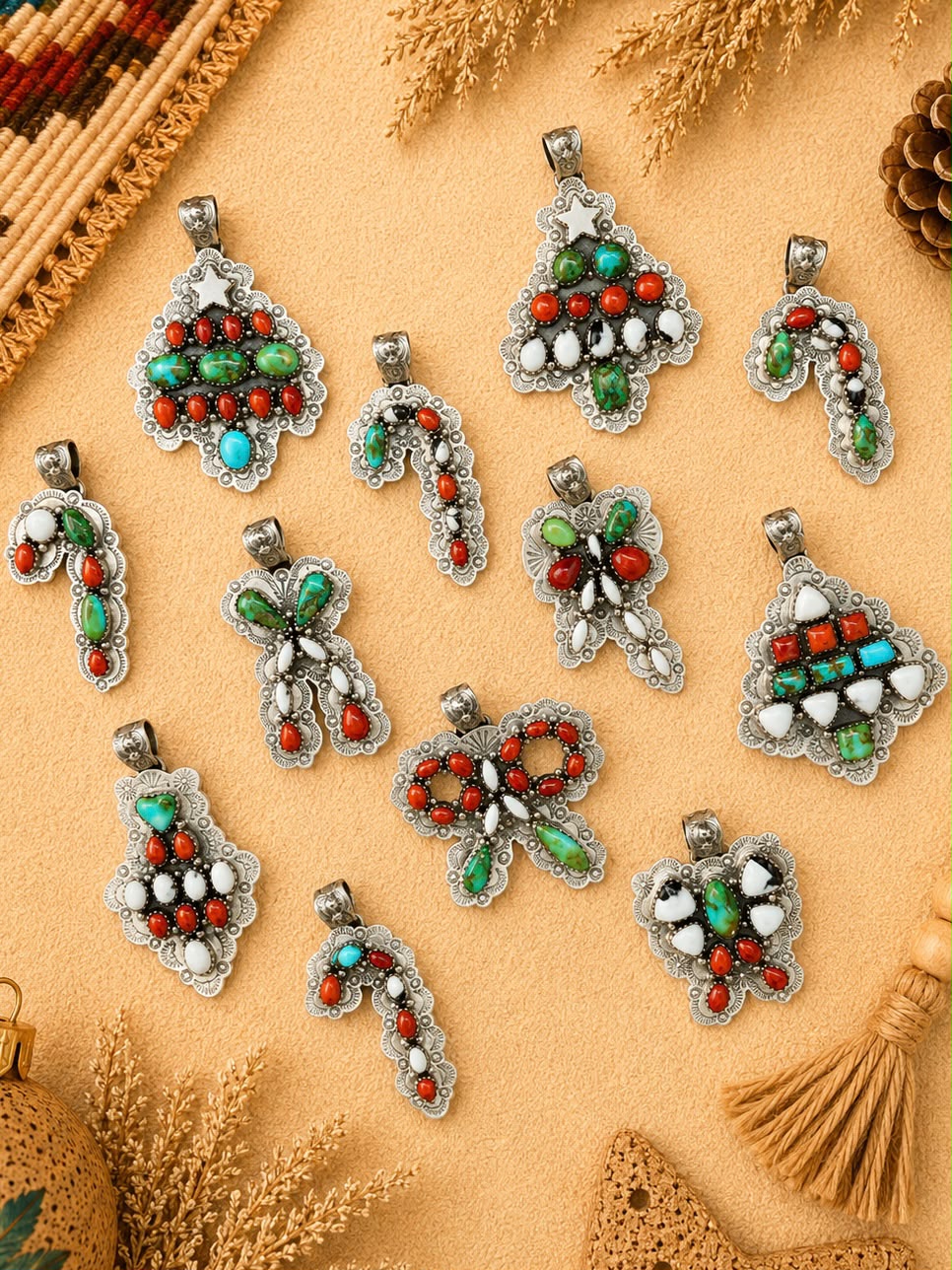 Handmade Sterling Silver Sonoran Mountain Turquoise with Coral and White Buffalo Christmas Ornaments Collection: Pendant Signed Nizhoni (9)