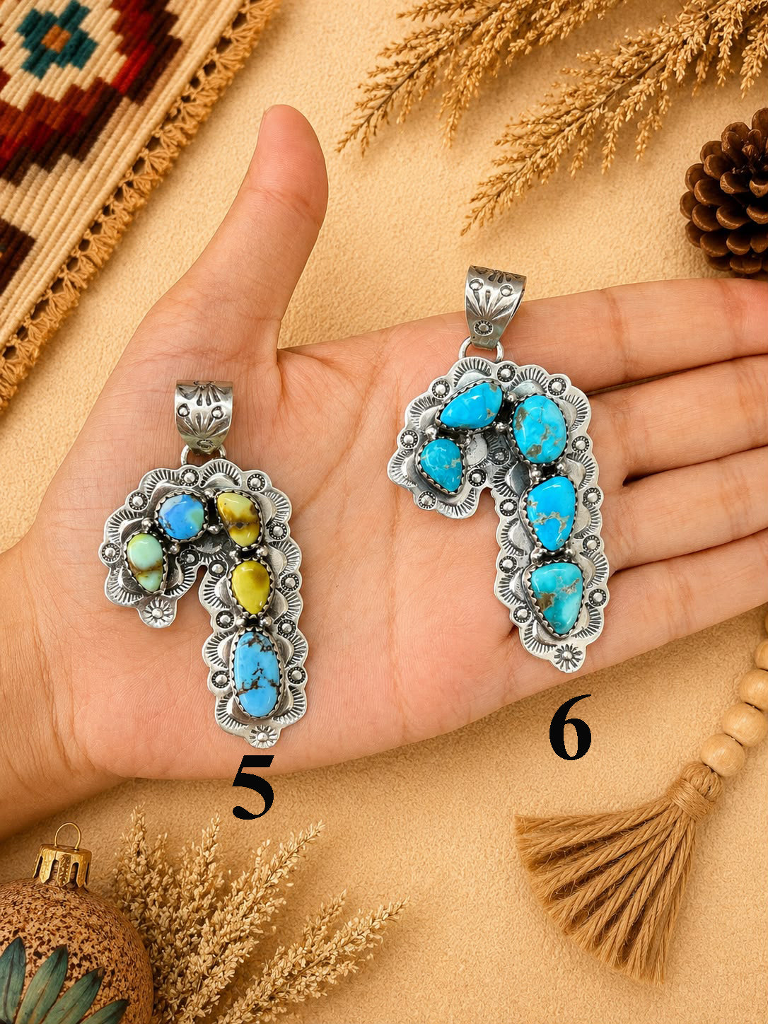 Handmade Sterling Silver Palomino, Golden Hills, Blackjack and White Water Turquoise Christmas Ornaments Collection: Pendant Signed Nizhoni