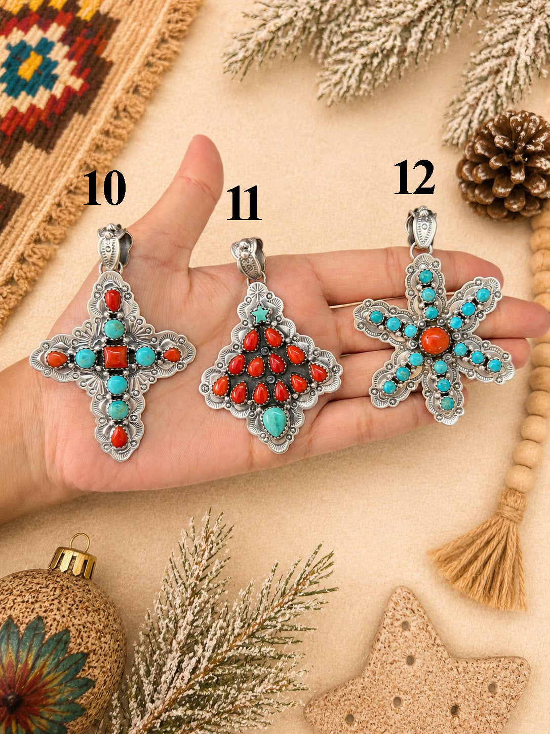 Handmade Sterling Silver Kingman Turquoise with Coral Christmas Ornaments Collection: Pendant Signed Nizhoni