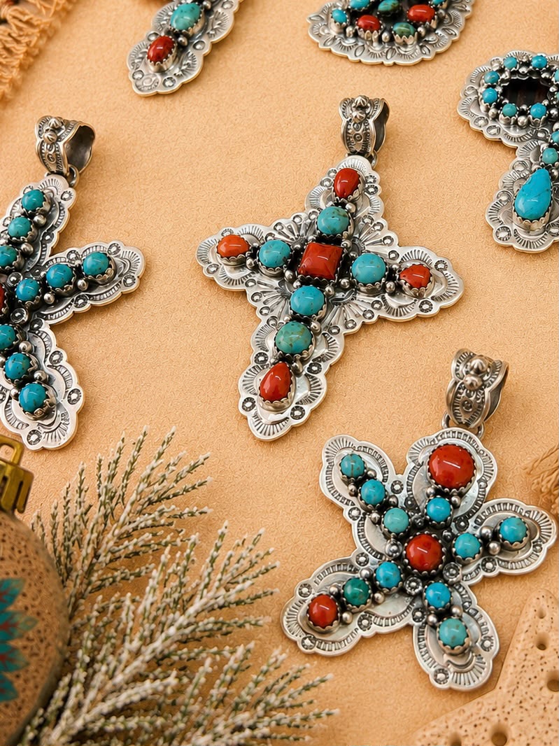 Handmade Sterling Silver Kingman Turquoise with Coral Christmas Ornaments Collection: Pendant Signed Nizhoni
