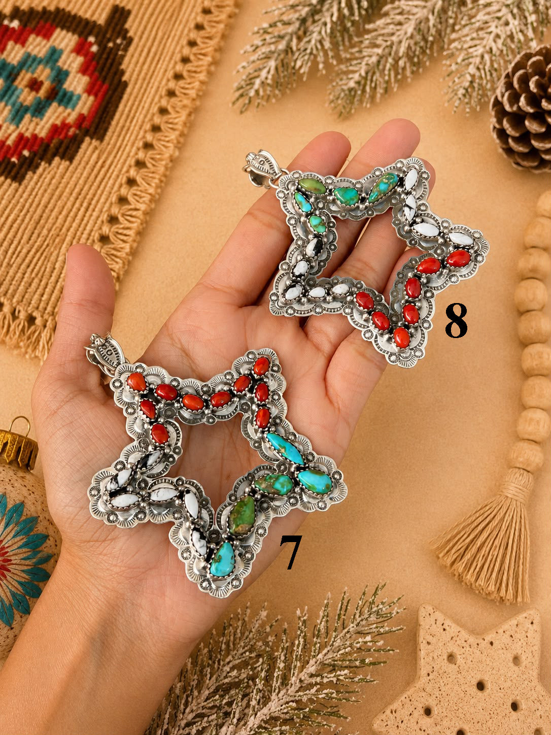 Handmade Sterling Silver Sonoran Mountain Turquoise with Coral and White Buffalo Christmas Ornaments Collection: Pendant Signed Nizhoni