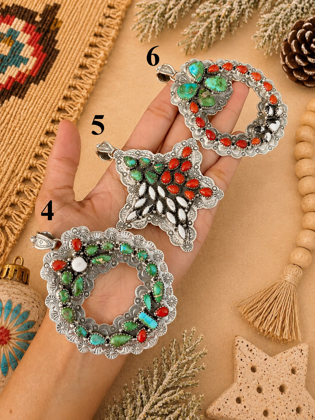 Handmade Sterling Silver Sonoran Mountain Turquoise with Coral and White Buffalo Christmas Ornaments Collection: Pendant Signed Nizhoni