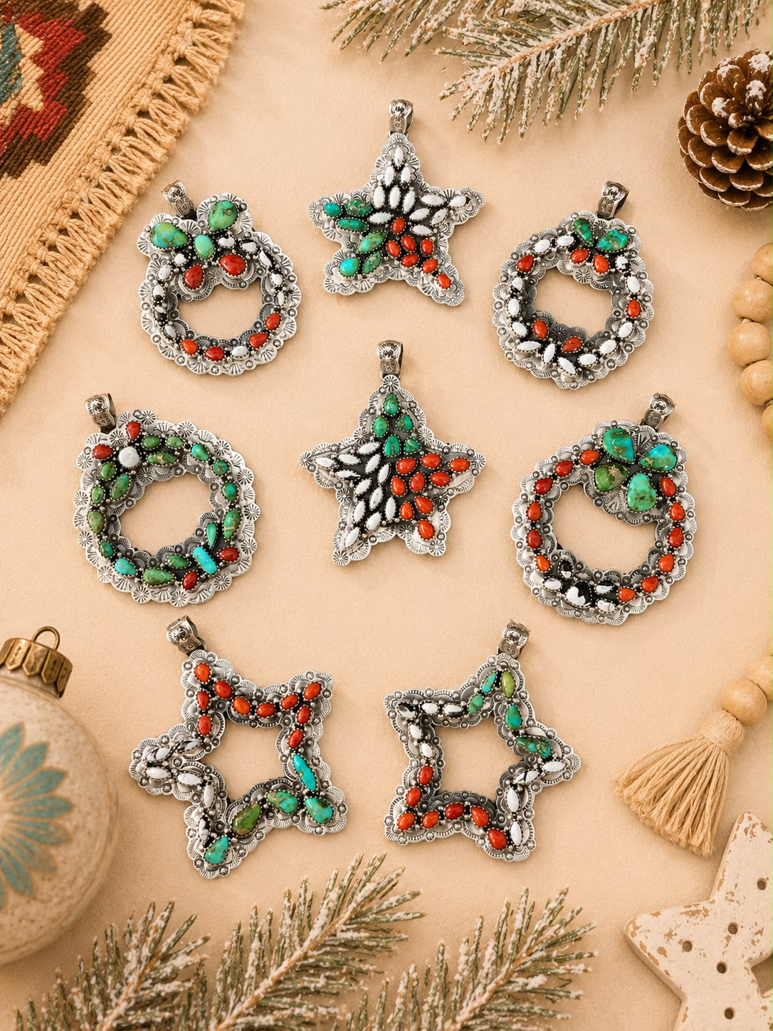Handmade Sterling Silver Sonoran Mountain Turquoise with Coral and White Buffalo Christmas Ornaments Collection: Pendant Signed Nizhoni