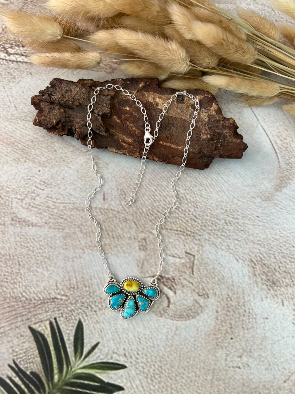 Handmade Sterling Silver White Water with Palomino Turquoise Necklace Signed Nizhoni