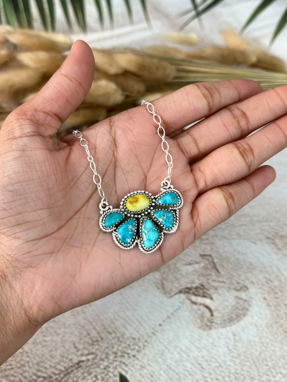 Handmade Sterling Silver White Water with Palomino Turquoise Necklace Signed Nizhoni