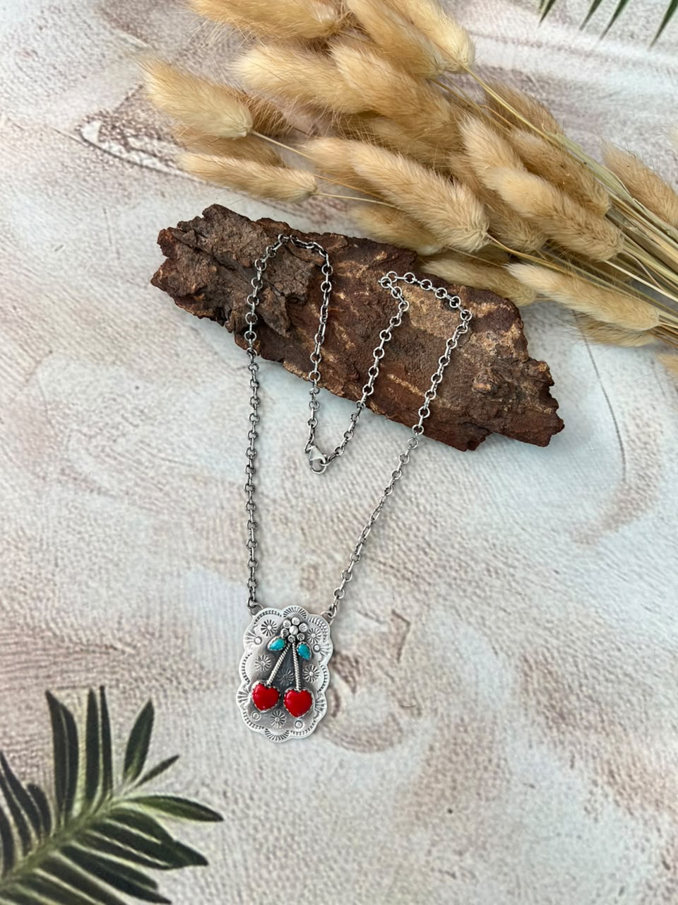 Handmade Sterling Silver Kingman Turquoise with Rosarita Cherry Necklace Signed Nizhoni