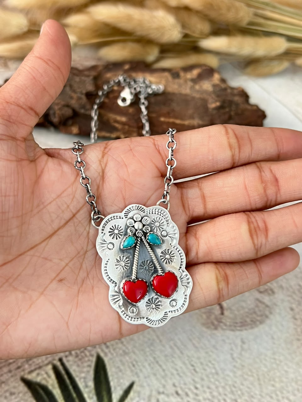 Handmade Sterling Silver Kingman Turquoise with Rosarita Cherry Necklace Signed Nizhoni