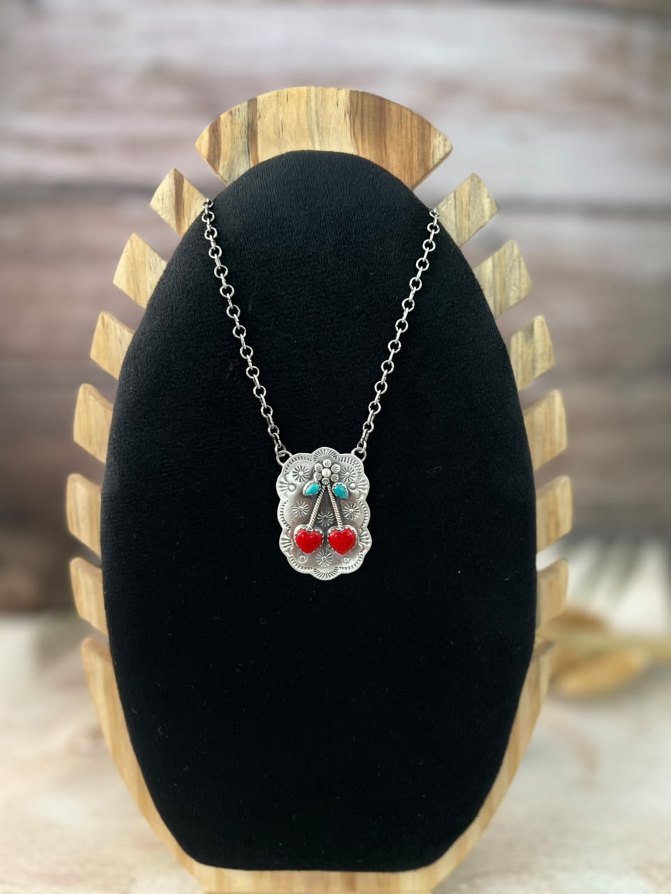 Handmade Sterling Silver Kingman Turquoise with Rosarita Cherry Necklace Signed Nizhoni