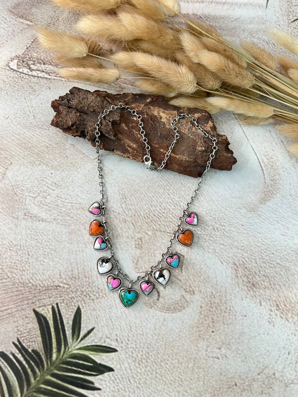 Handmade Sterling Silver Orange Mojave with Cotton Candy, Sonoran Mountain and White Buffalo Heart Necklace Signed Nizhoni