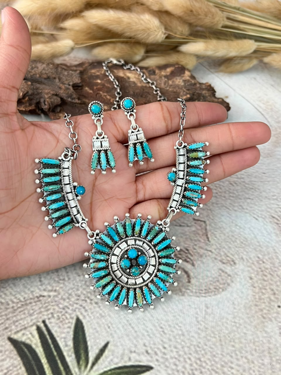 Handmade Sterling Silver Kingman Turquoise Necklace and Earrings Set Signed Nizhoni