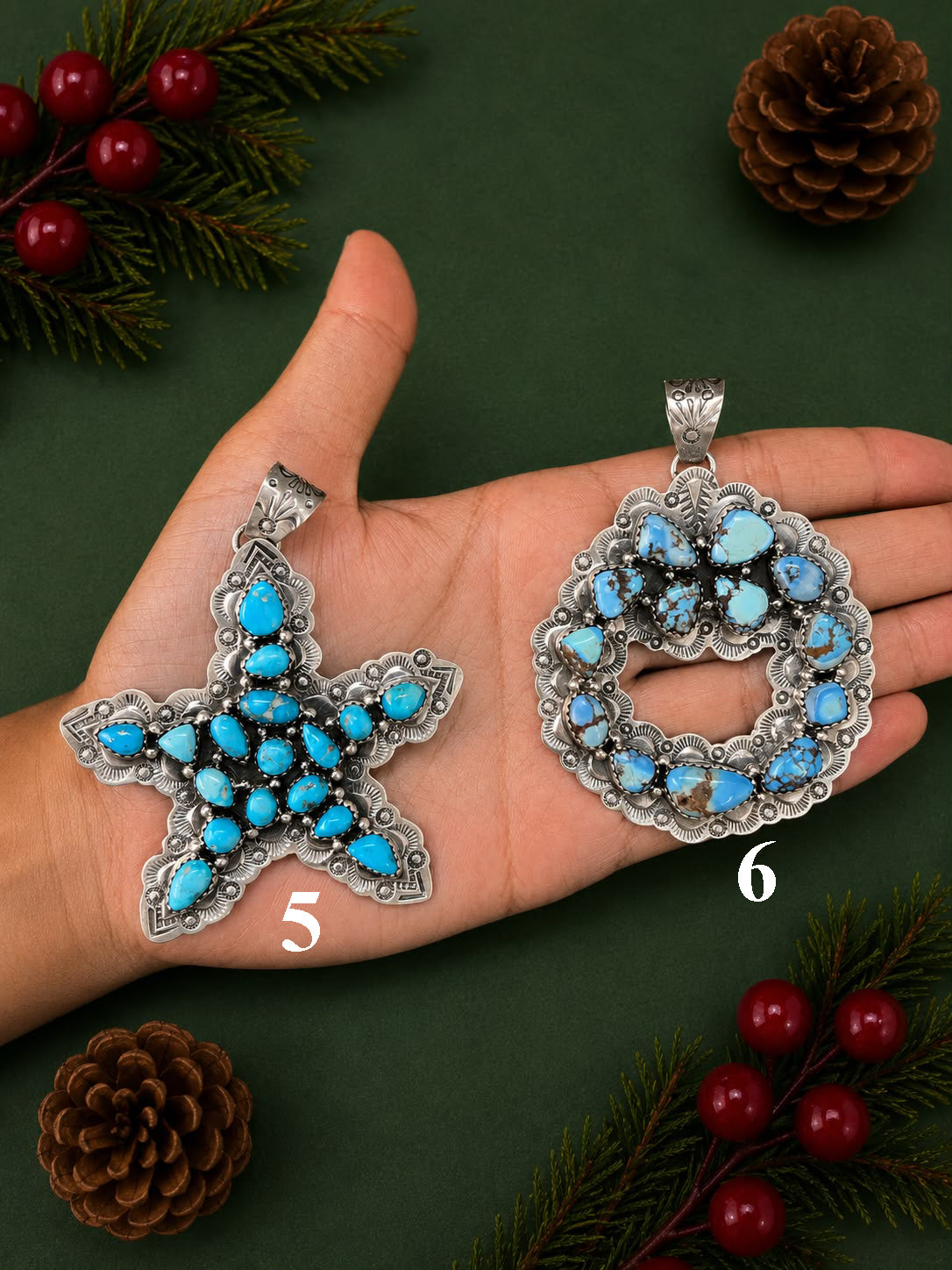Handmade Sterling Silver Palomino, Golden Hills, Blackjack and White Water Turquoise Christmas Ornaments Collection: Pendant Signed Nizhoni
