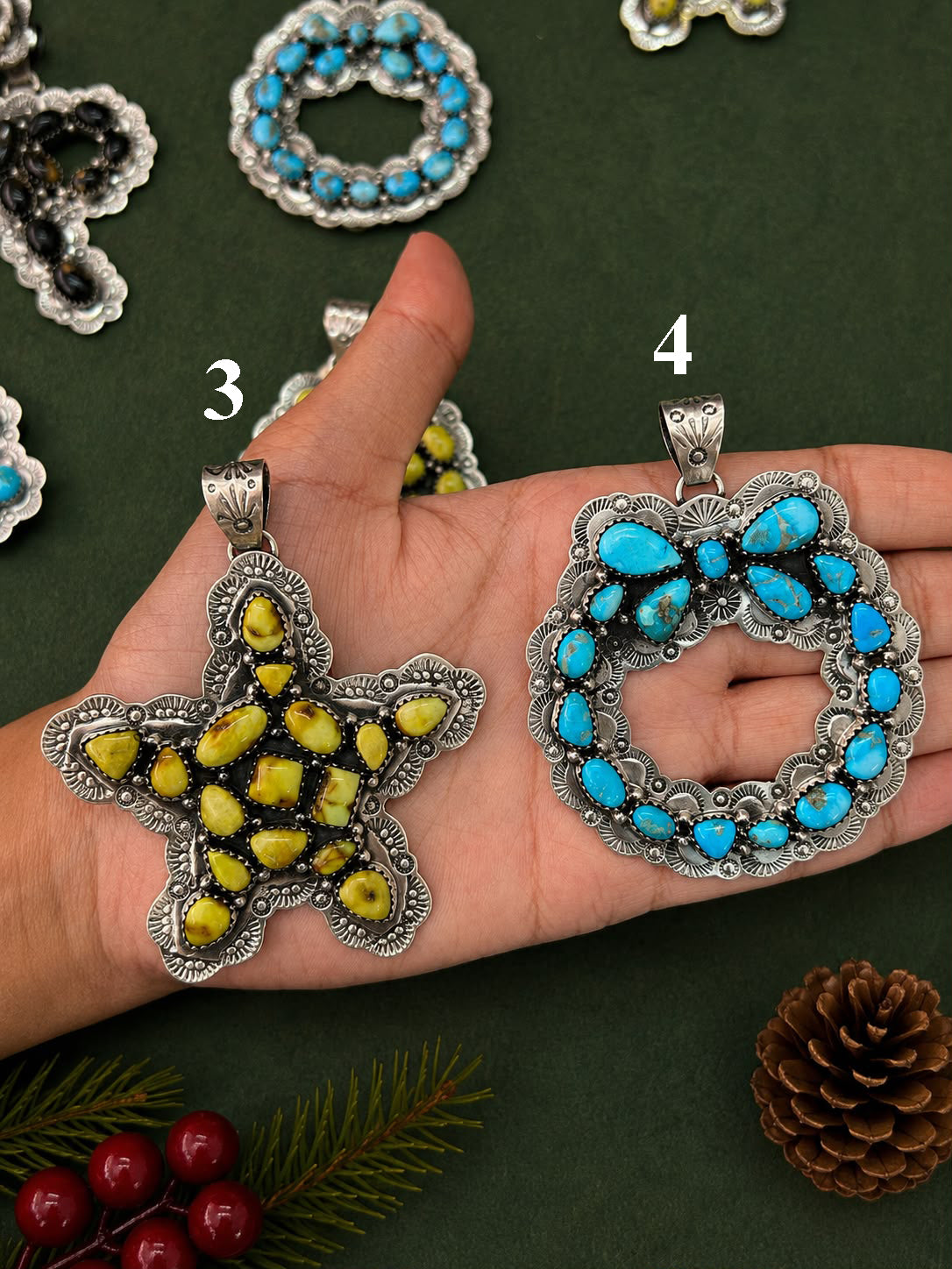 Handmade Sterling Silver Palomino, Golden Hills, Blackjack and White Water Turquoise Christmas Ornaments Collection: Pendant Signed Nizhoni