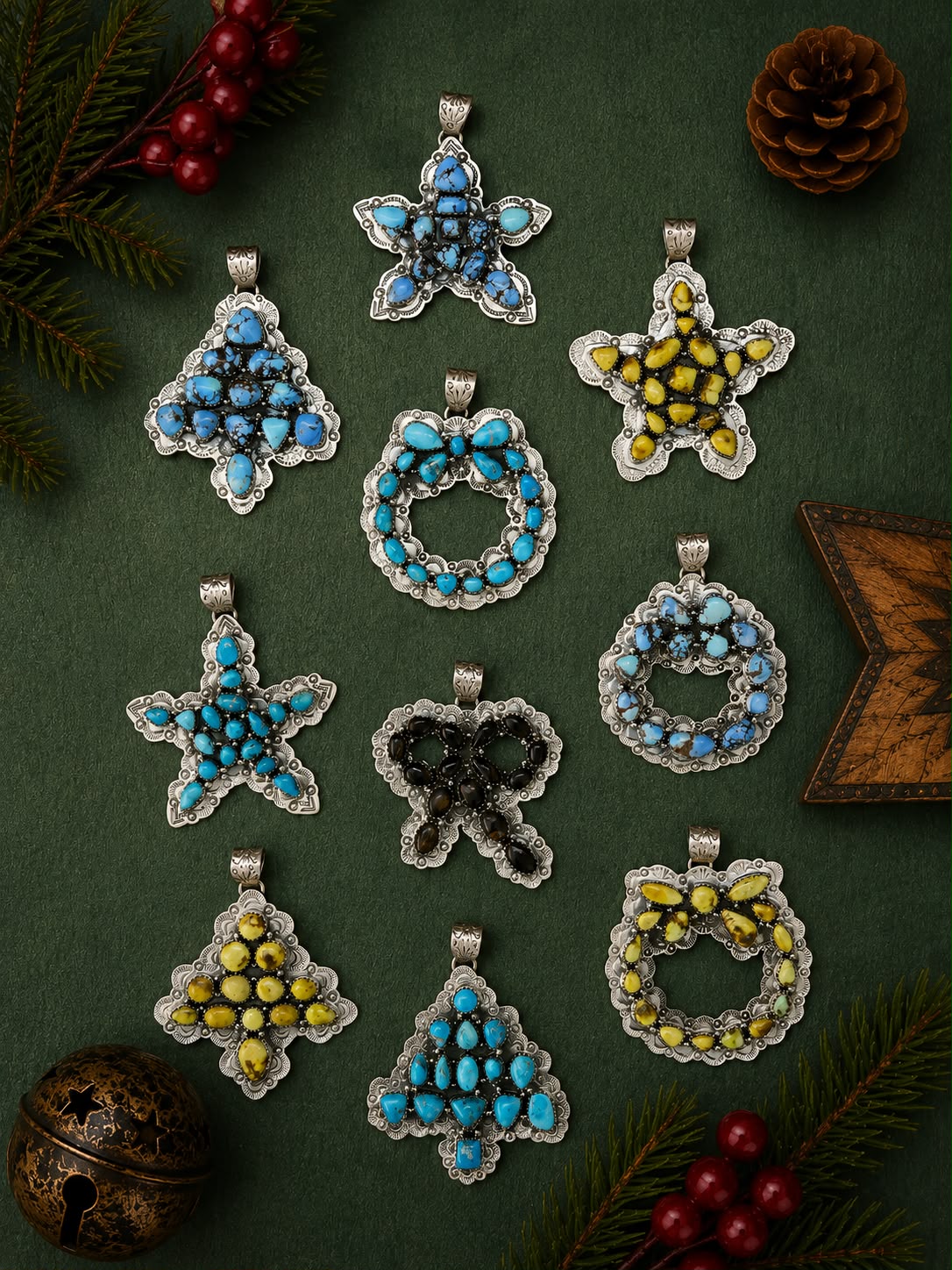 Handmade Sterling Silver Palomino, Golden Hills, Blackjack and White Water Turquoise Christmas Ornaments Collection: Pendant Signed Nizhoni