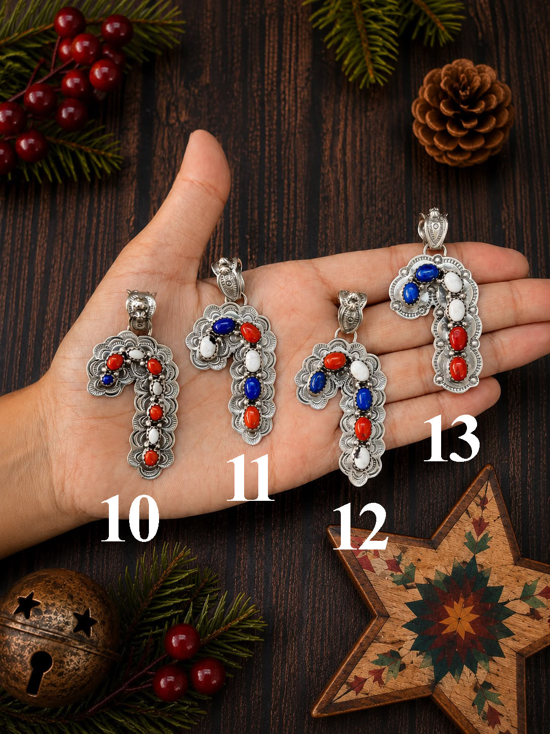 Handmade Sterling Silver Lapis with Coral and White Buffalo Christmas Ornaments Collection: Pendant Signed Nizhoni (2)