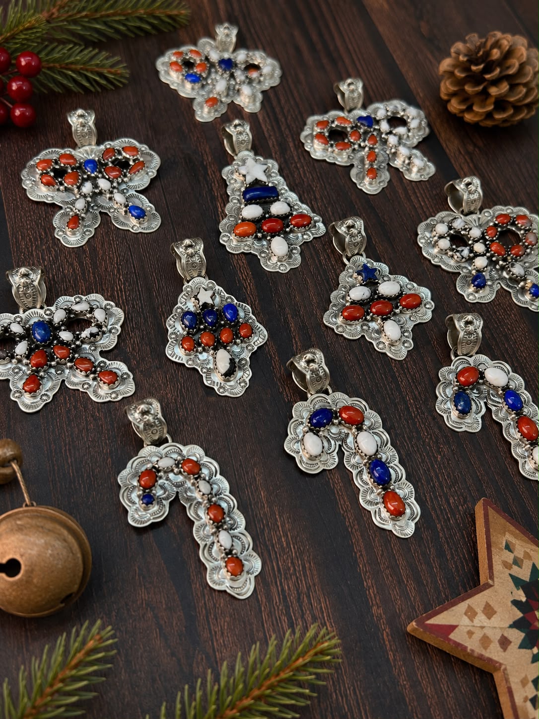 Handmade Sterling Silver Lapis with Coral and White Buffalo Christmas Ornaments Collection: Pendant Signed Nizhoni (2)