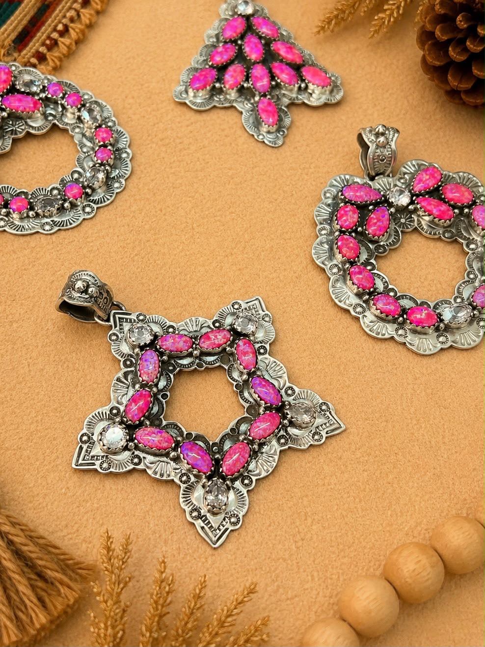Handmade Sterling Silver Hot Pink with Cubic Zirconia Christmas Ornaments Collection: Pendant Signed Nizhoni (8)