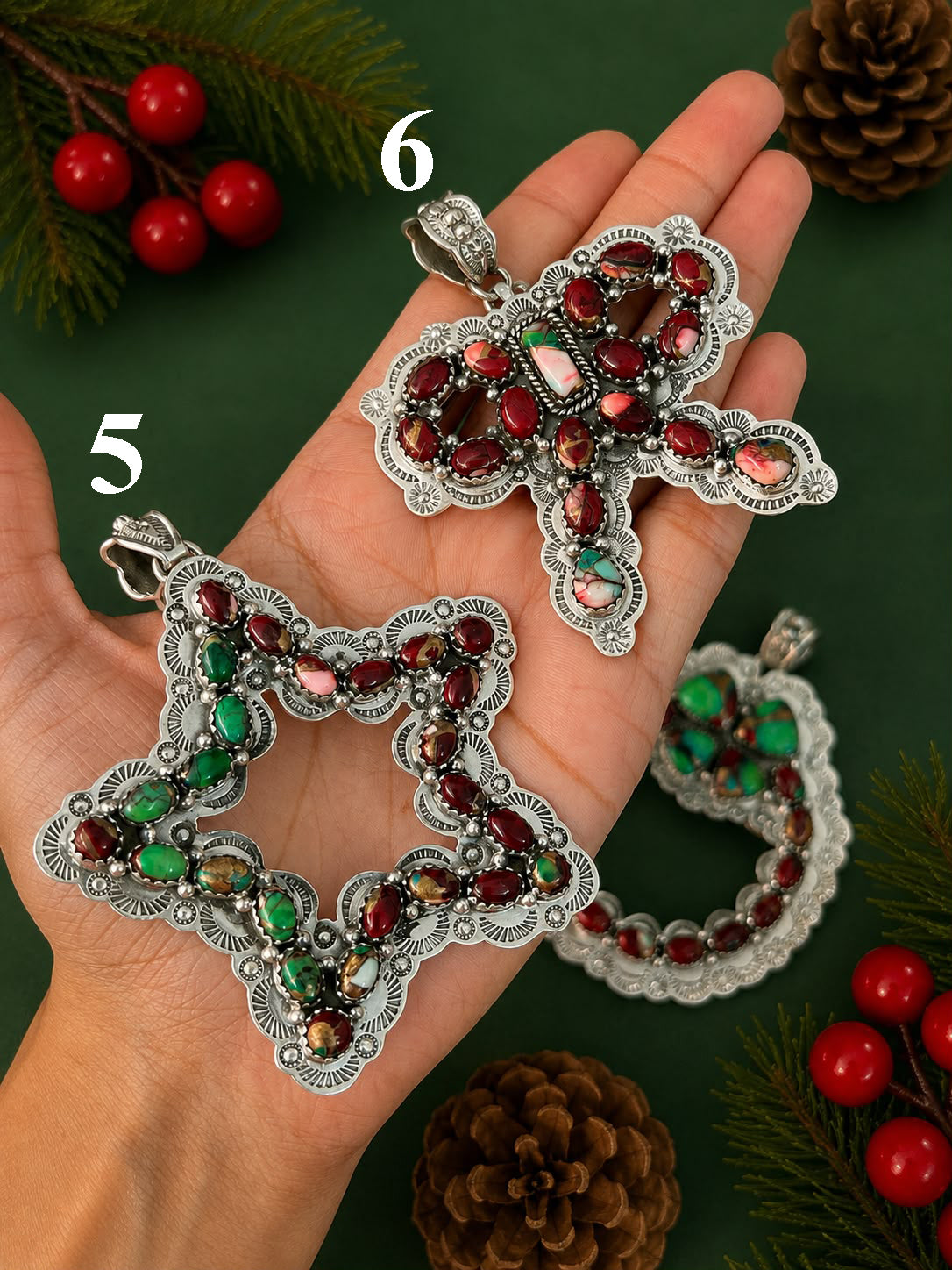Handmade Sterling Silver Christmas Dahlia Ornaments Collection: Pendant Signed Nizhoni (3)