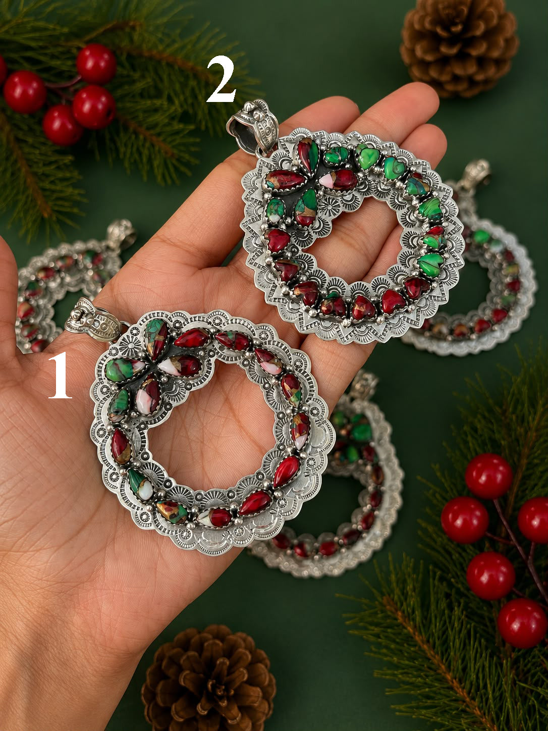 Handmade Sterling Silver Christmas Dahlia Ornaments Collection: Pendant Signed Nizhoni (3)