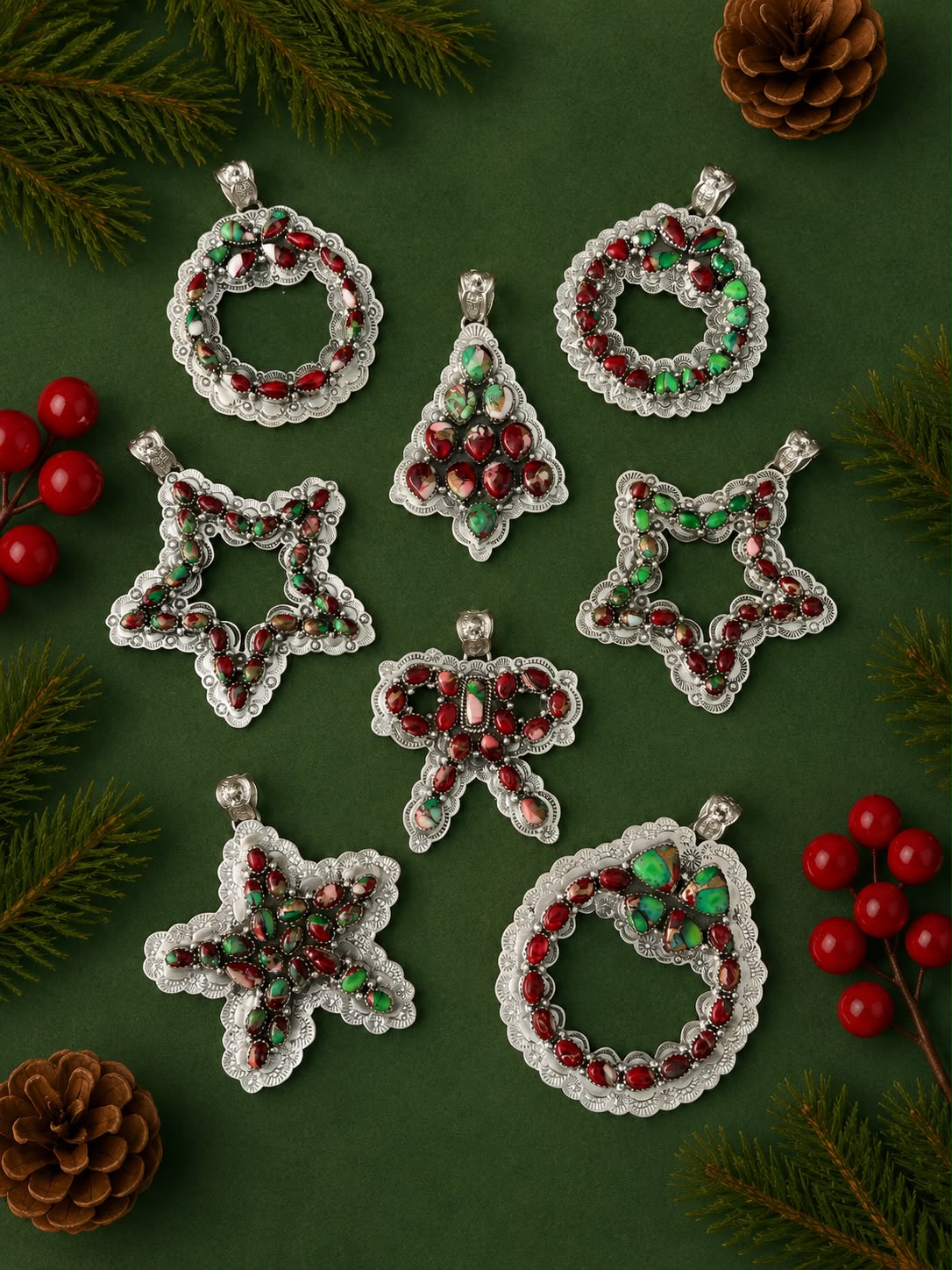 Handmade Sterling Silver Christmas Dahlia Ornaments Collection: Pendant Signed Nizhoni (3)